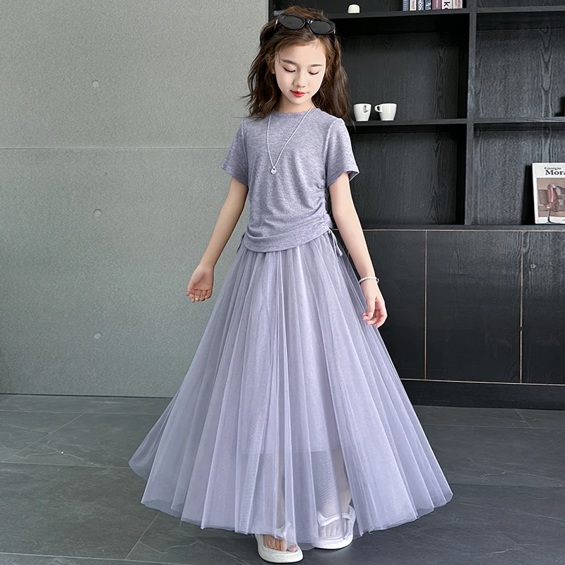 女童夏季短袖套装2025新款洋气中大童网纱半身裙紫色6-12岁两件套