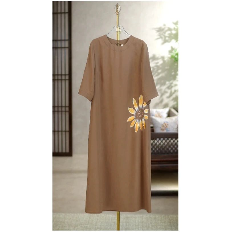 2025年春夏进口砂洗棉高端手绘圆领气质女装连衣裙A3382