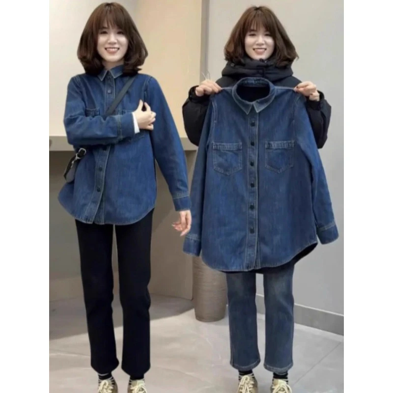 大码300斤深蓝色复古牛仔衬衫女内搭叠穿秋季新款小个子长袖外套
