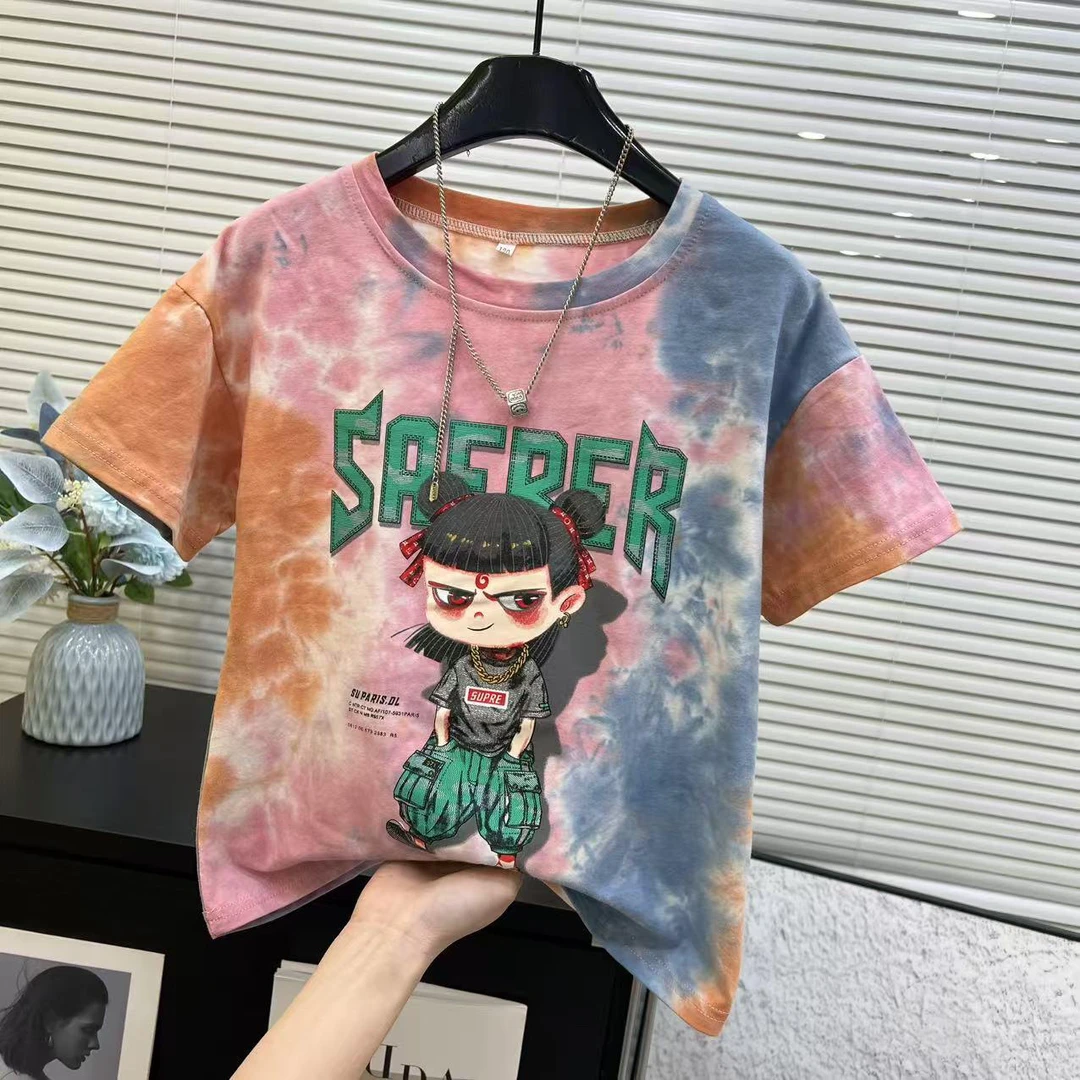 哪吒短袖T恤男童夏季2025新款儿童中大童男孩宽松ins风扎染上衣服