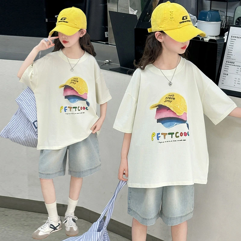 女童夏季短袖套装2025新款女大童夏装休闲T恤儿童牛仔中裤两件套
