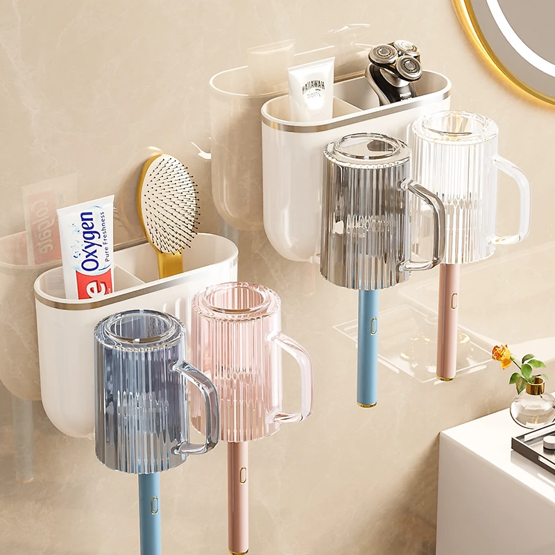 文丽情侣牙刷置物架放置刷牙杯子壁挂式免打孔洗漱口杯高颜值牙具