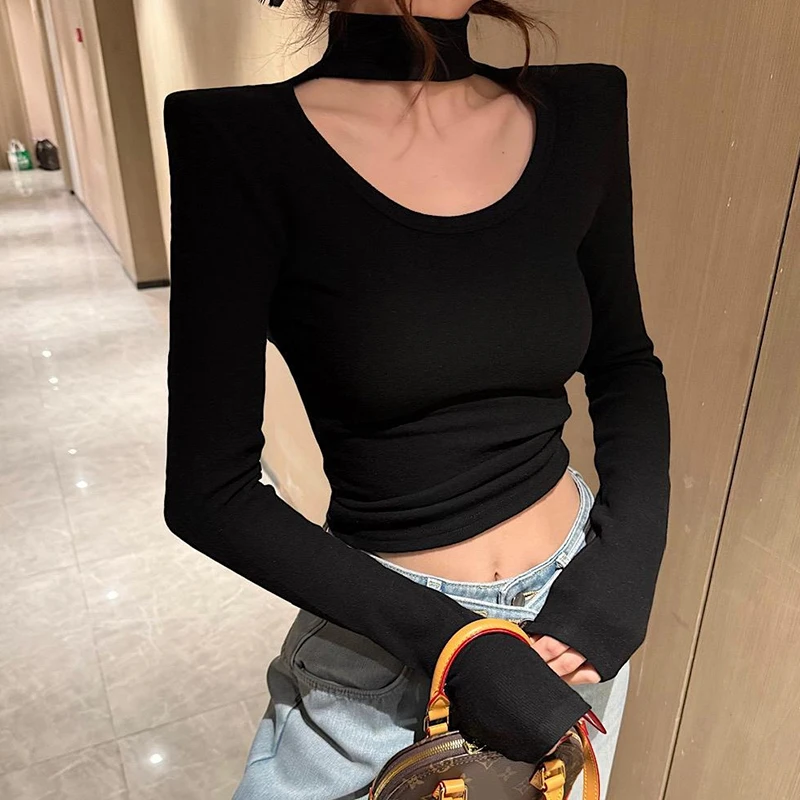 2025早秋新款挂脖正肩洋气百搭长袖T恤打底衫女款爆款2025新款