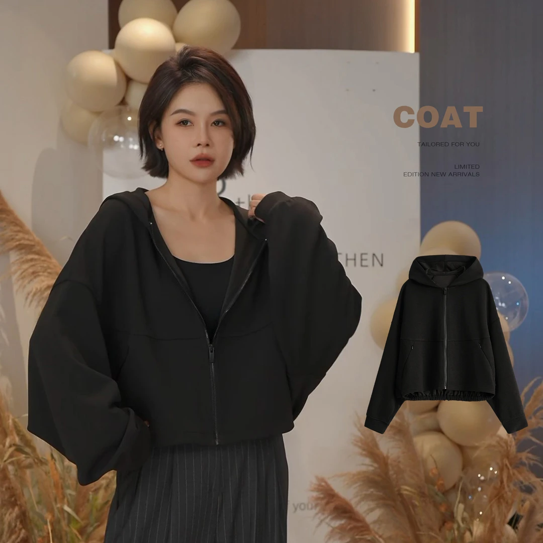 【黑影】连帽外套女2025新款黑色百搭休闲拉链卫衣8527DM