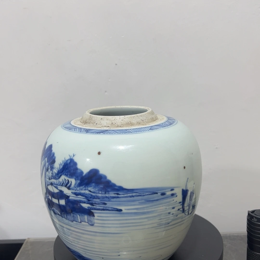 陶青花山水罐全品相