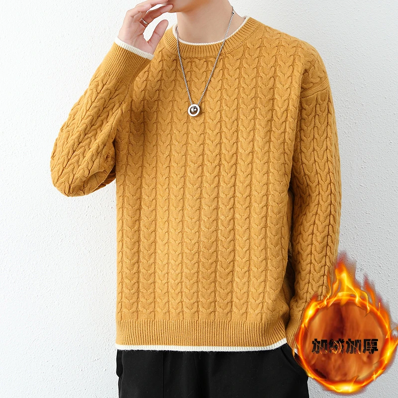 毛衣男款冬季加绒加厚潮牌痞帅高级感保暖衣仿手工麻花编织针织衫