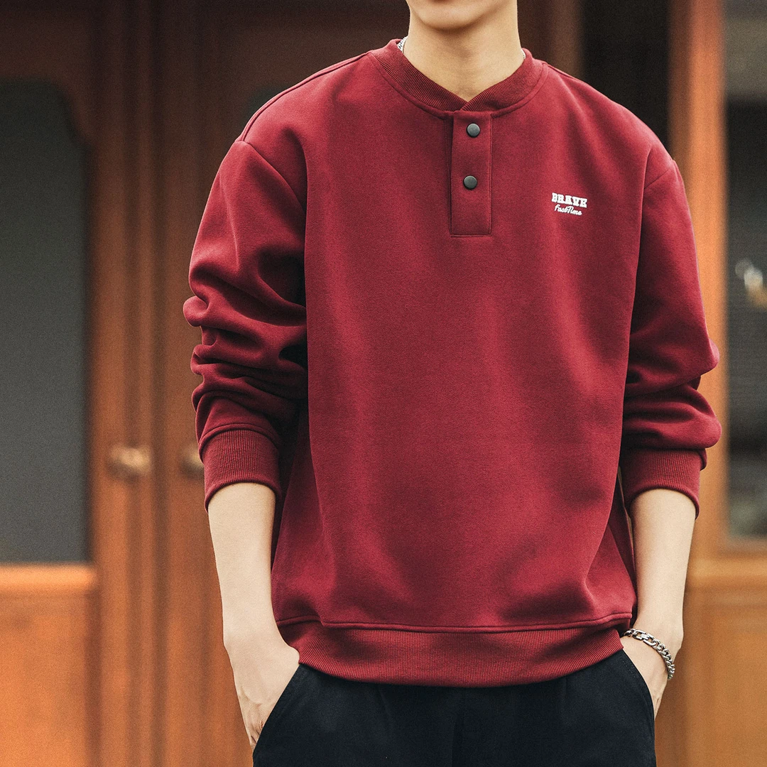 格蓝鹿高端潮牌2025秋冬新款亨利领卫衣男士宽松硬汉红色打底上衣