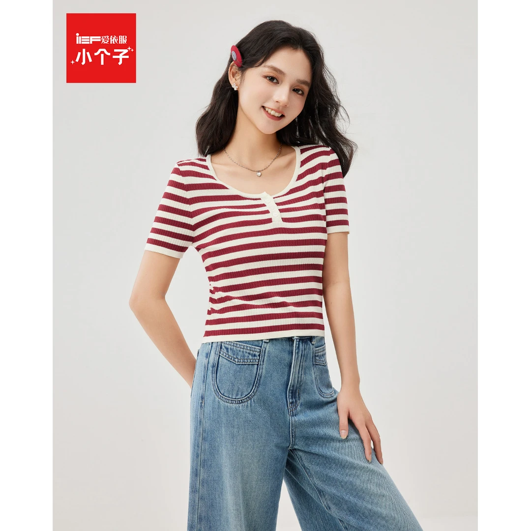 IEF/爱依服2025夏季新款时尚条纹T恤女复古毛针织圆领百搭上衣