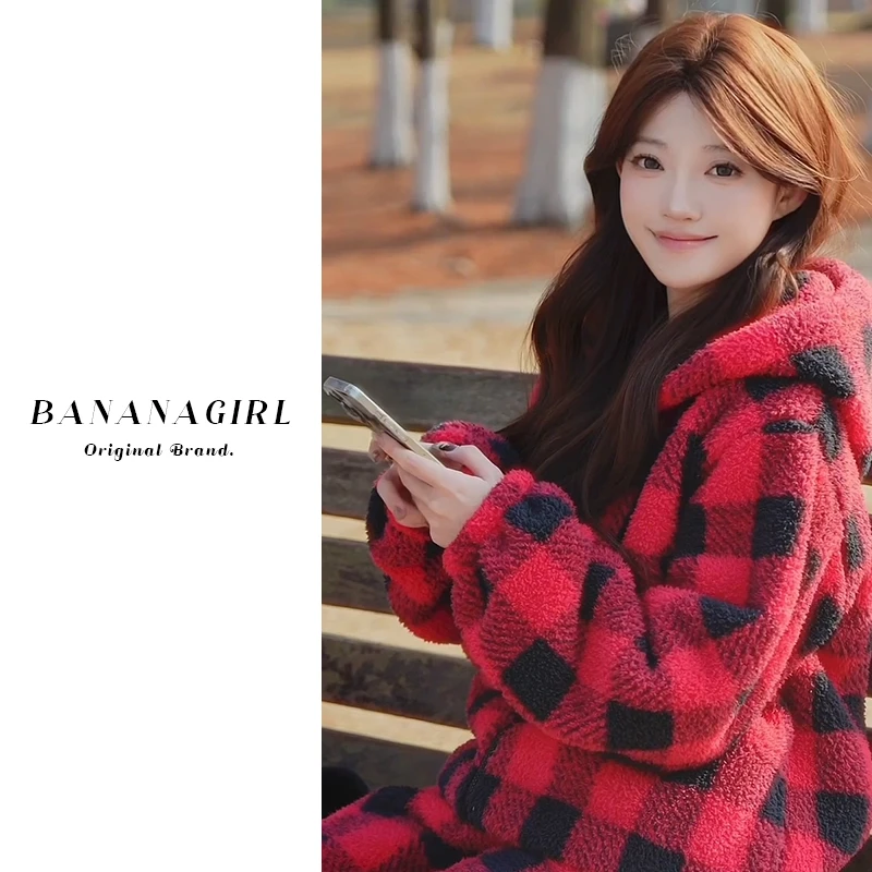 Bananagirl睡衣女秋冬宽松保暖连帽格子外套家居服加厚甜美