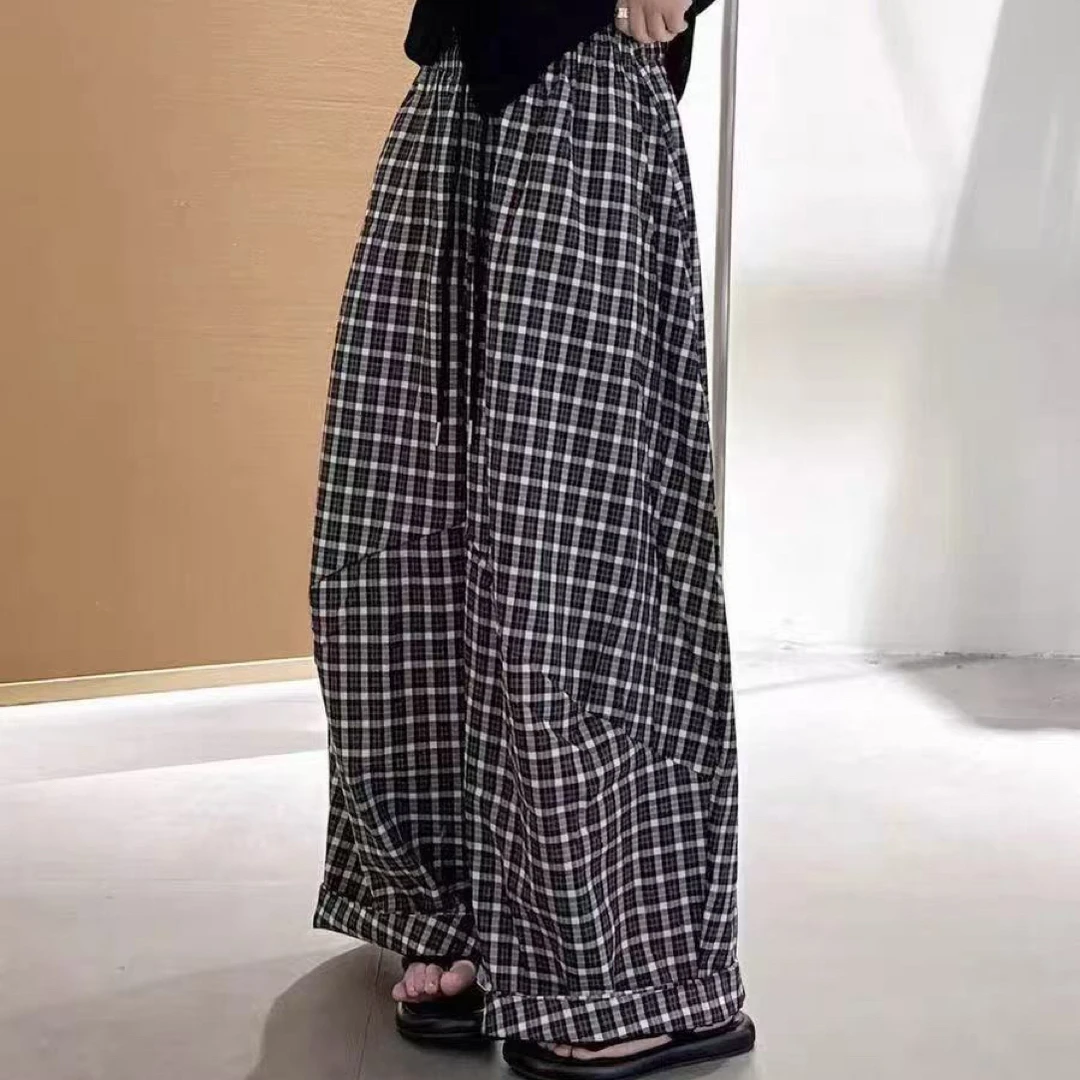 新款松紧腰格子阔腿女裤时尚百搭宽松遮肉慵懒潮流风格