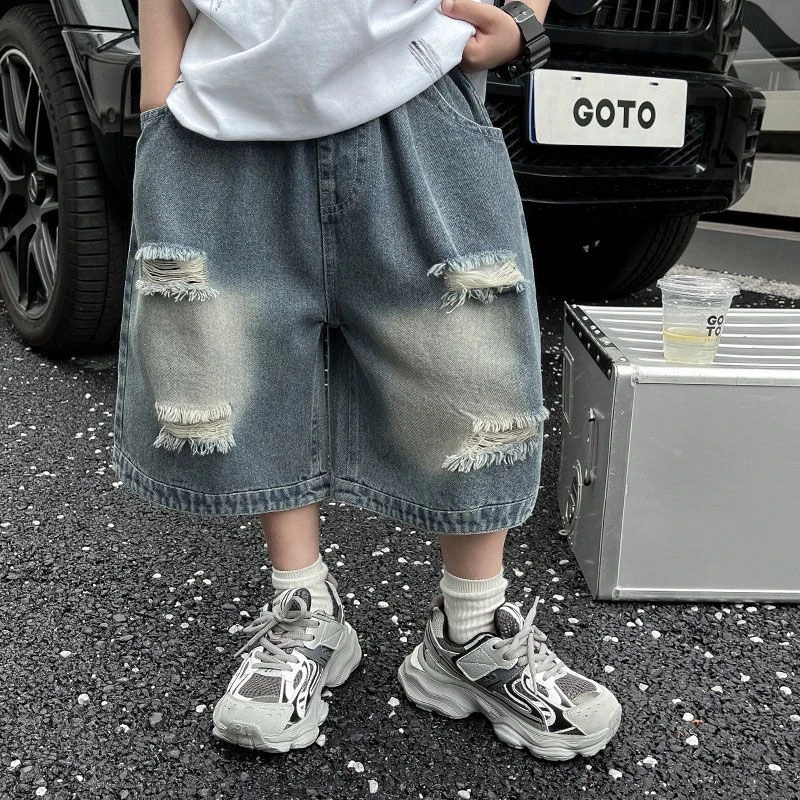 夏季儿童牛仔2025薄款七分裤中大童帅气新款牛仔裤破洞男童短裤