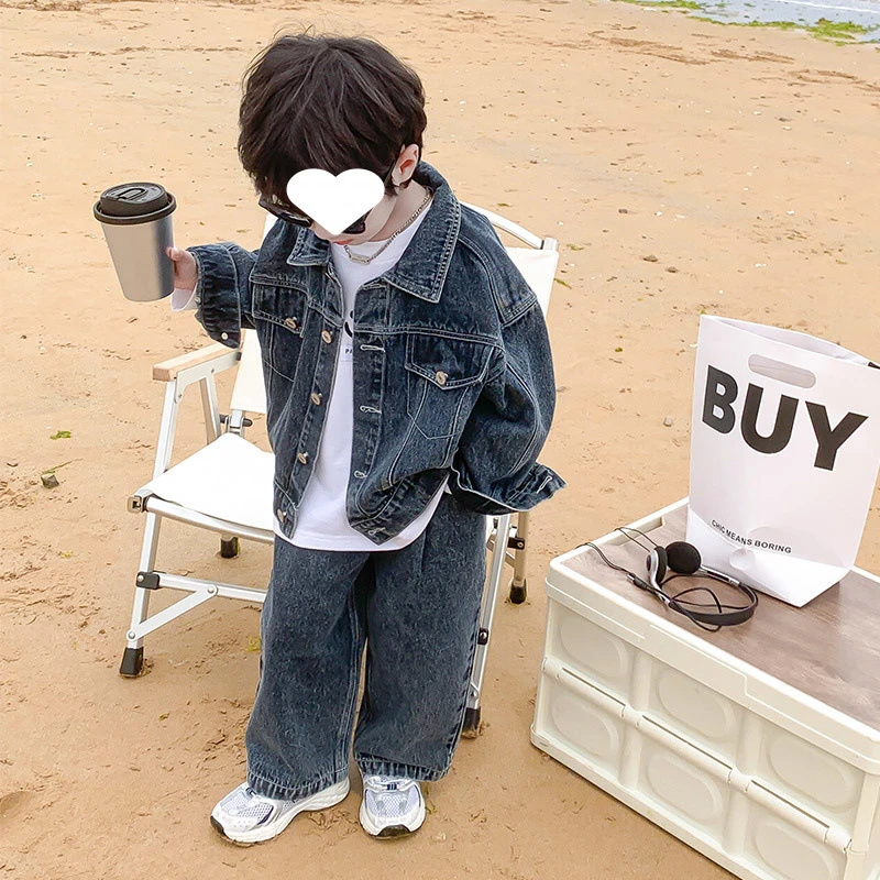 男童牛仔套装秋款2025新款帅气时髦炸街上衣阔