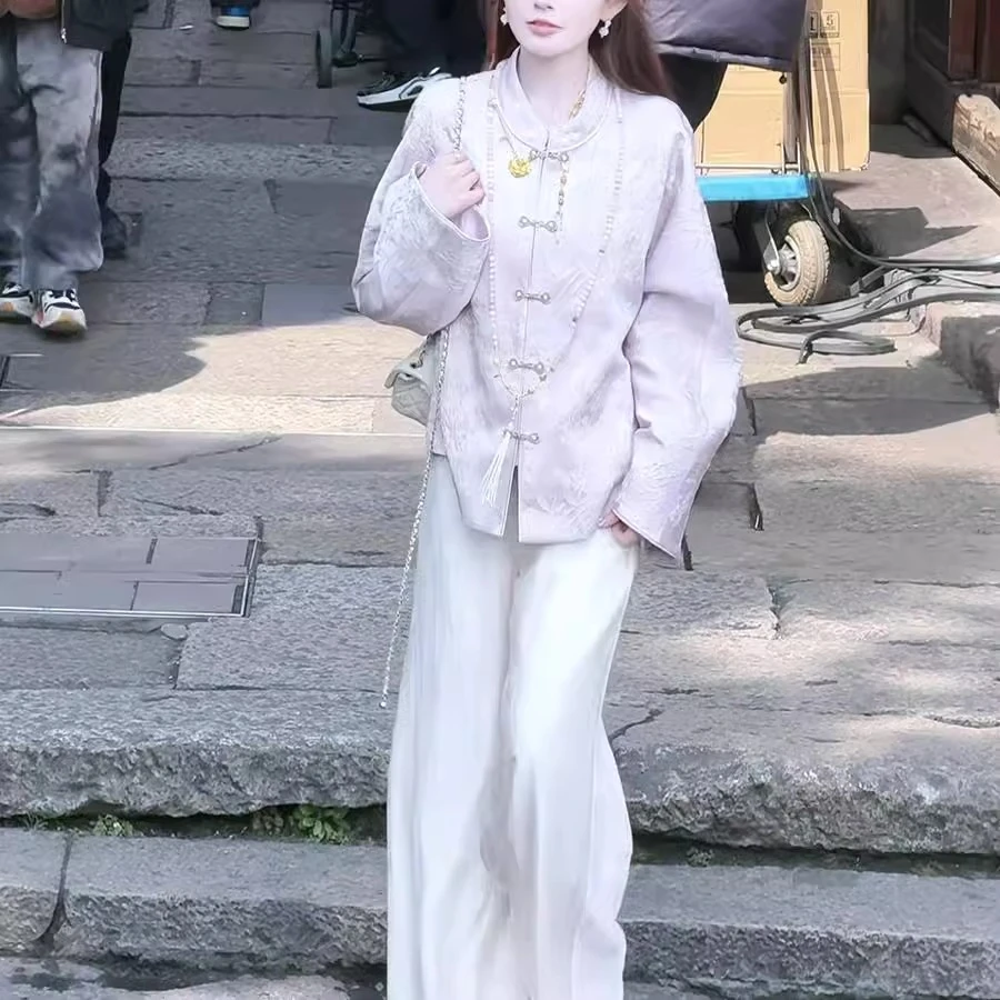 新中式名媛套装女2025春季新款国风高级感宽松盘扣衬衫外套阔腿裤