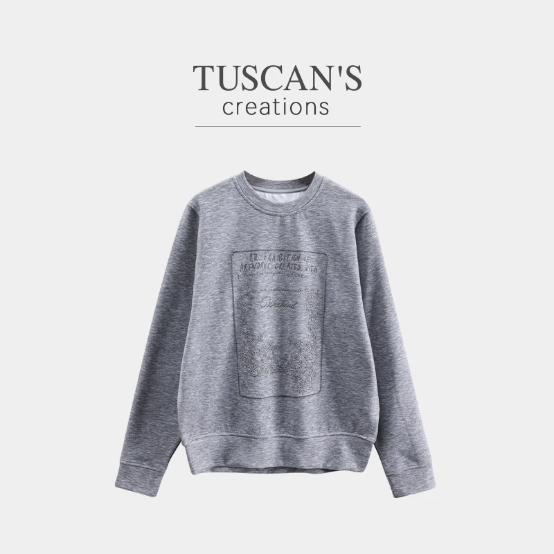 TUSCAN'S CREATIONS宽松磨毛抓绒卫衣套头上衣圆领春秋女卫衣印花