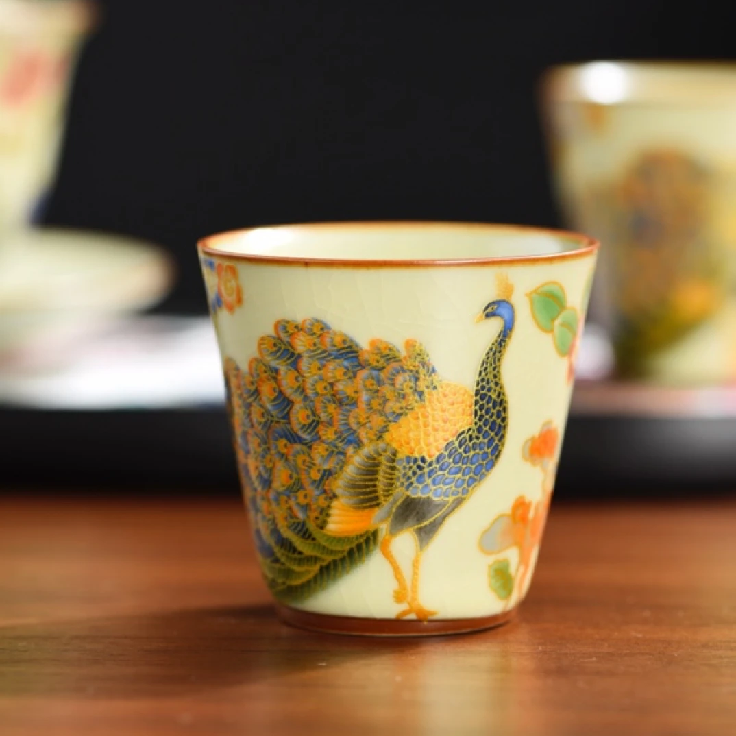 岑汝闻香杯茶杯孔雀汝窑开片可养客杯主人杯老物件飞机40毫升