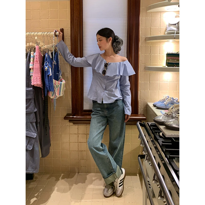 十三行春秋复古百搭显瘦高腰卷边直筒牛仔裤女F1787