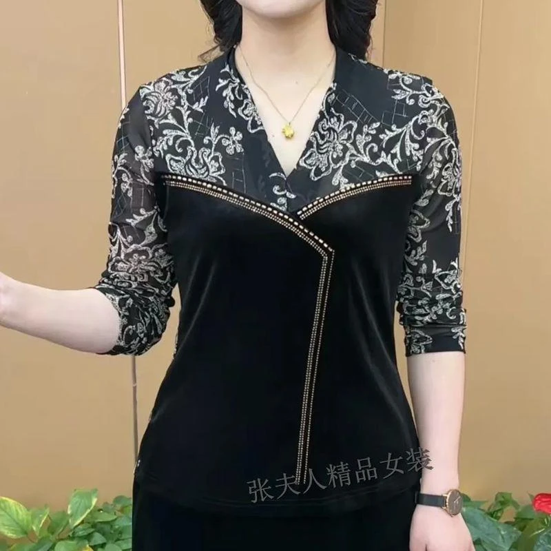 秋季新款时尚洋气拼接设计气质打底小衫女韩版显瘦长袖上衣妈妈装