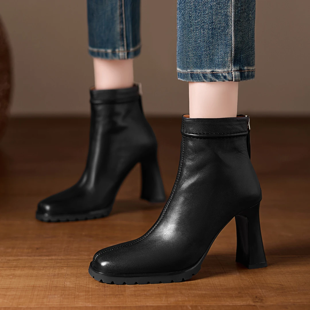 AACCK女鞋8.9cm气质高跟时装靴黑色中缝短靴防水台马丁靴短筒单靴
