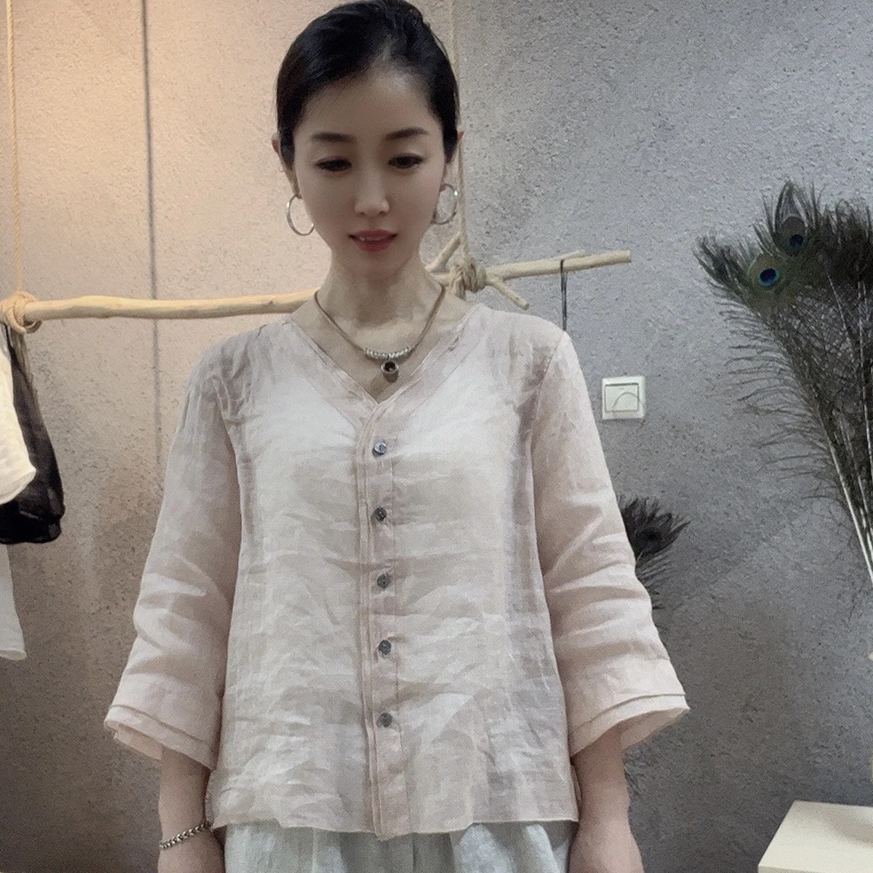 显瘦简约百搭V领苎麻开衫8103