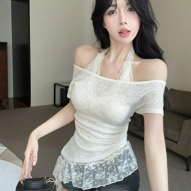 不规则蕾丝斜肩短袖t恤女夏季纯欲辣妹一字肩挂脖上衣叠穿两件套