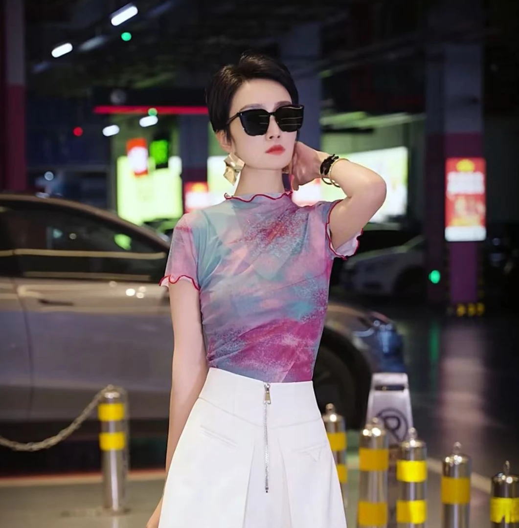 （玟萱推荐）扎染薄款网纱木耳边短袖上衣