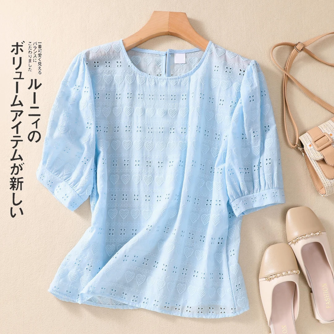 镂空刺绣棉麻短袖T恤女夏季纯色大码减龄百搭小衫套头显瘦上衣薄