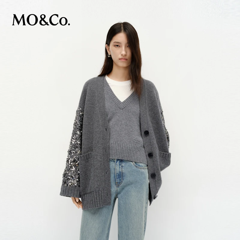【诗语专属】MOCO毛衣外套2025春叠绣珠片绵羊MBE1CAR033