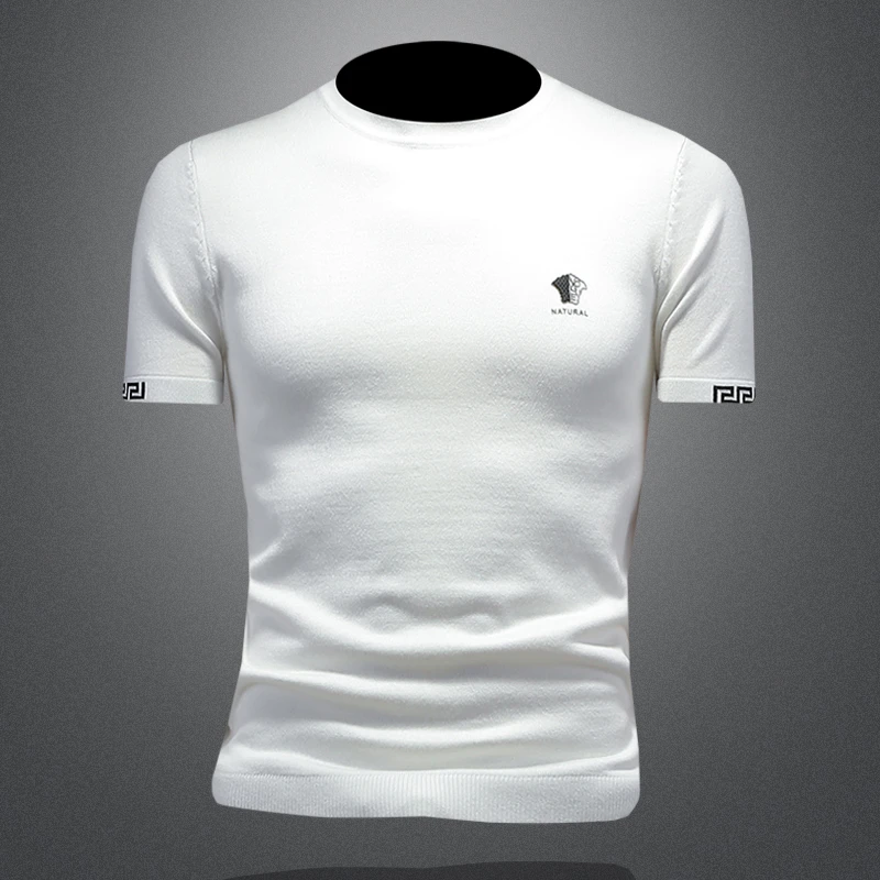 费韦戈摩潮流撞色圆领短袖毛衣男春秋针织打底衫薄款透气男士线衫