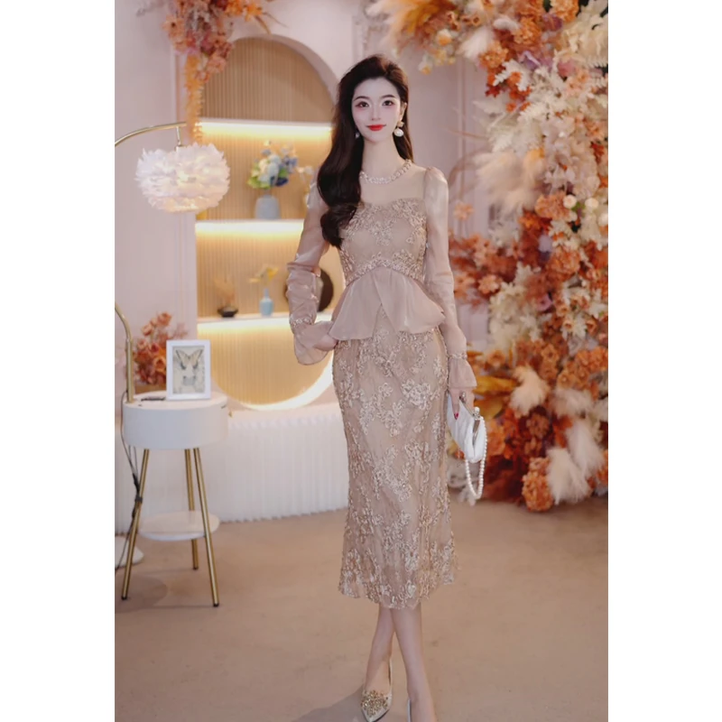 2025秋冬新款女气质高贵轻奢假两件时尚修身显瘦法式连衣裙25083