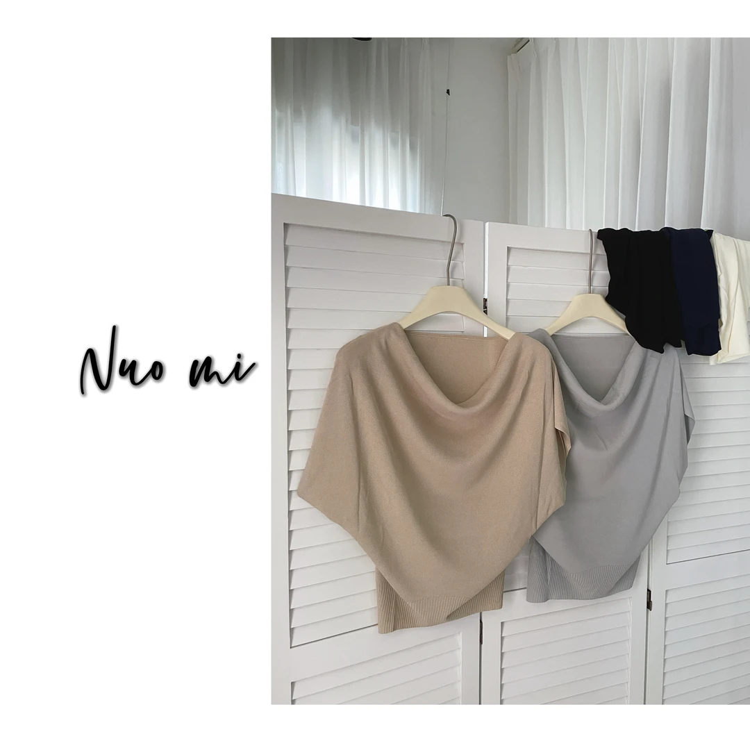 NUO MI、荡领短袖冰丝针织衫女2025夏季百搭收腰显瘦一字肩上衣