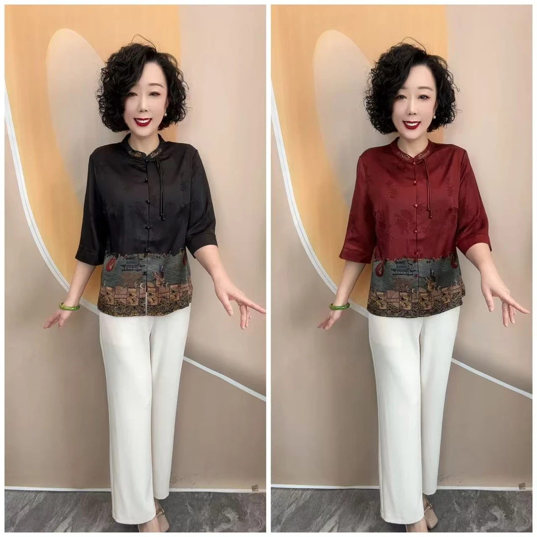 8599妈妈装春夏新中式小衫中老年装国风定位花七分袖开衫衣长62