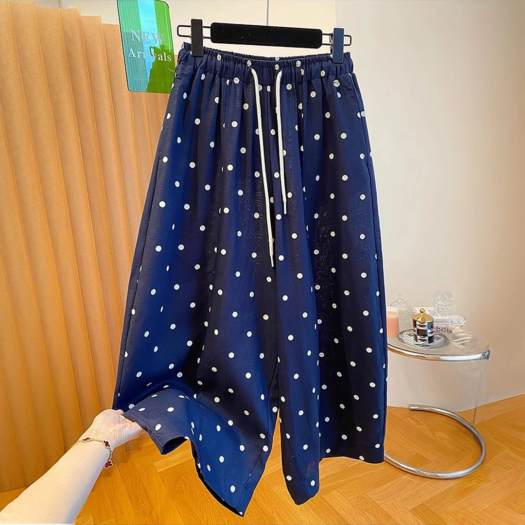 藏青色波点阔腿裤女夏季2025新款宽松休闲百搭直筒裤天丝九分裤子