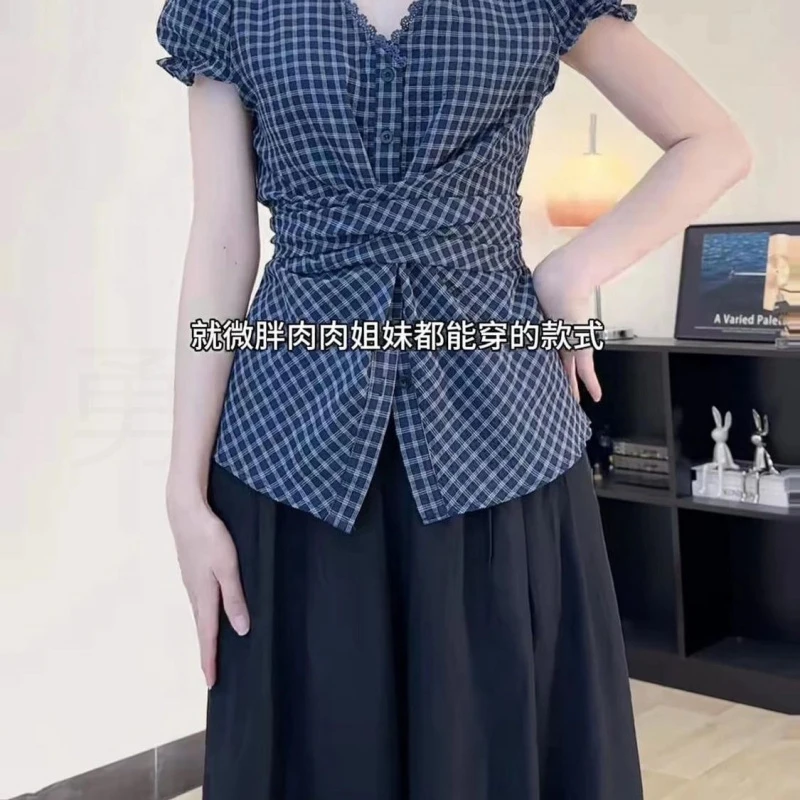 夏季收腰法式女绑带大码别致格子胖mm上衣衬衫显瘦短袖设计感后背