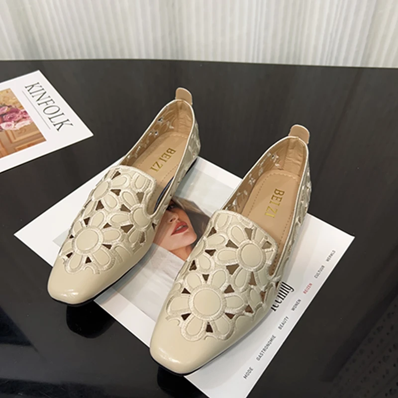 新中式国风镂空浅口方头平底单鞋女一脚蹬懒人鞋平跟凉鞋洞洞鞋女