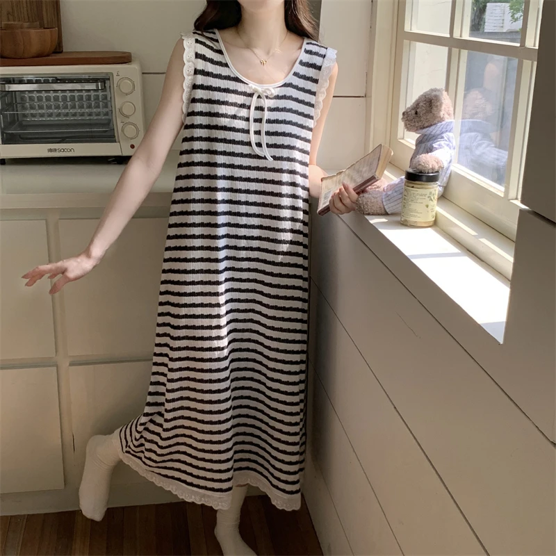 浪莎无袖睡裙女夏季女款花边短袖睡衣打底裙夏天条纹可爱家居服可