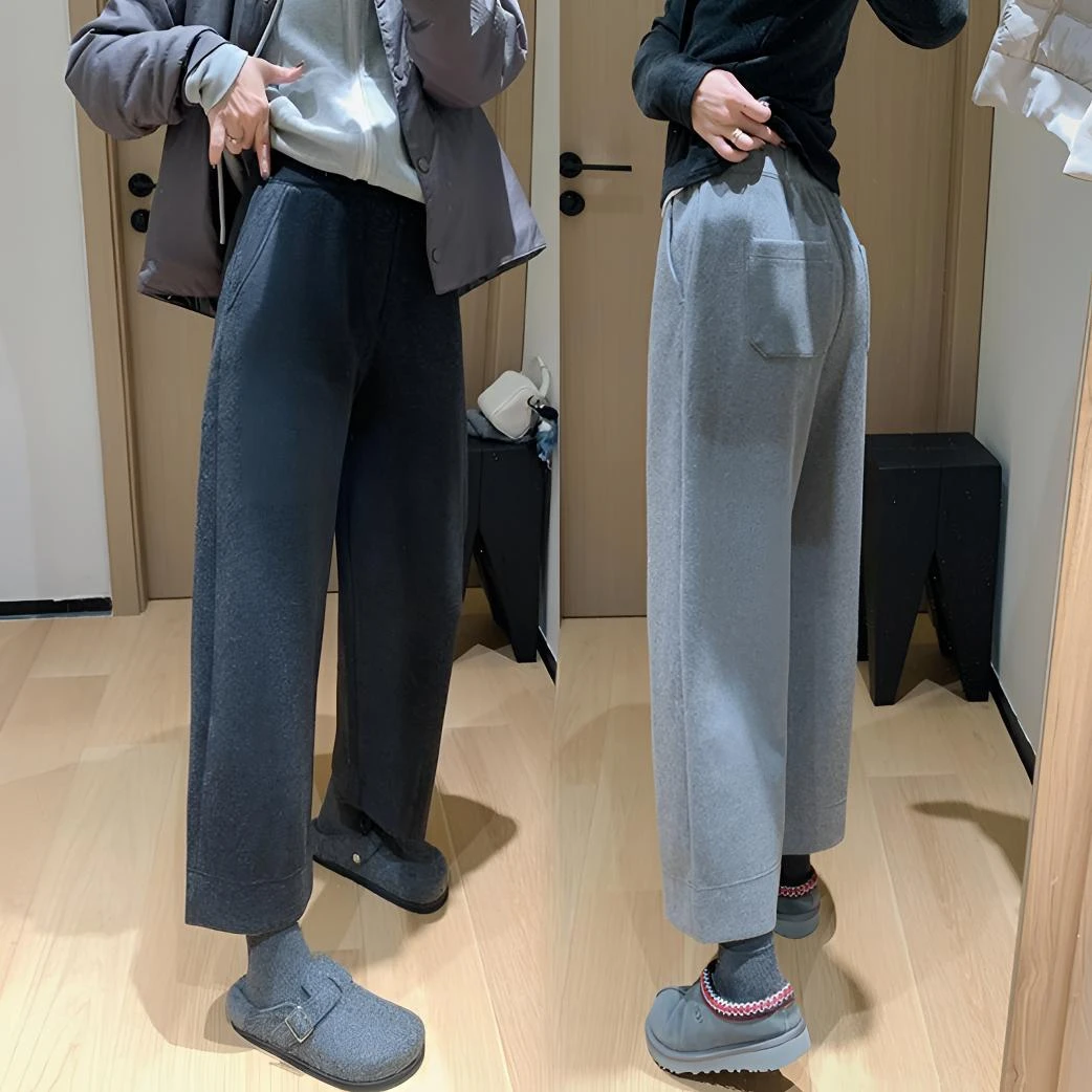 通勤百搭加厚山本毛呢裤女秋冬新款小个子高腰显瘦阔腿九分休闲裤