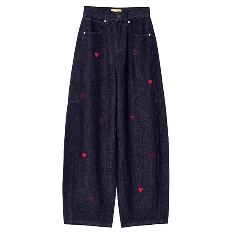 美式复古爱心刺绣弯刀牛仔裤女春季2025新款胖mm宽松阔腿裤休闲裤