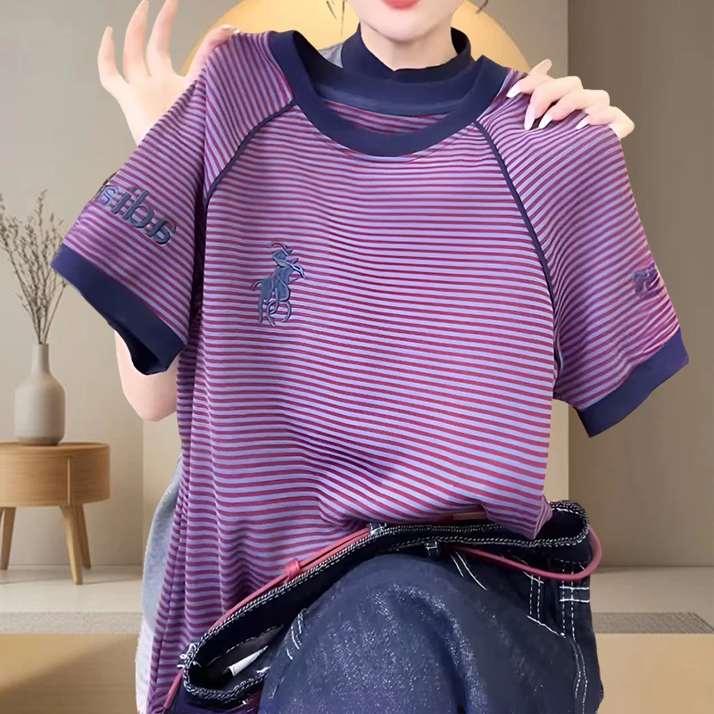 美式字母撞色拼接短袖女t恤2025夏季新款百搭休闲设计感条纹上衣