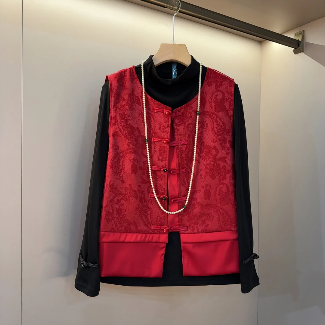 新款新中式盘扣简约款半高领内搭+精致拼接马甲气质两件套衣长63