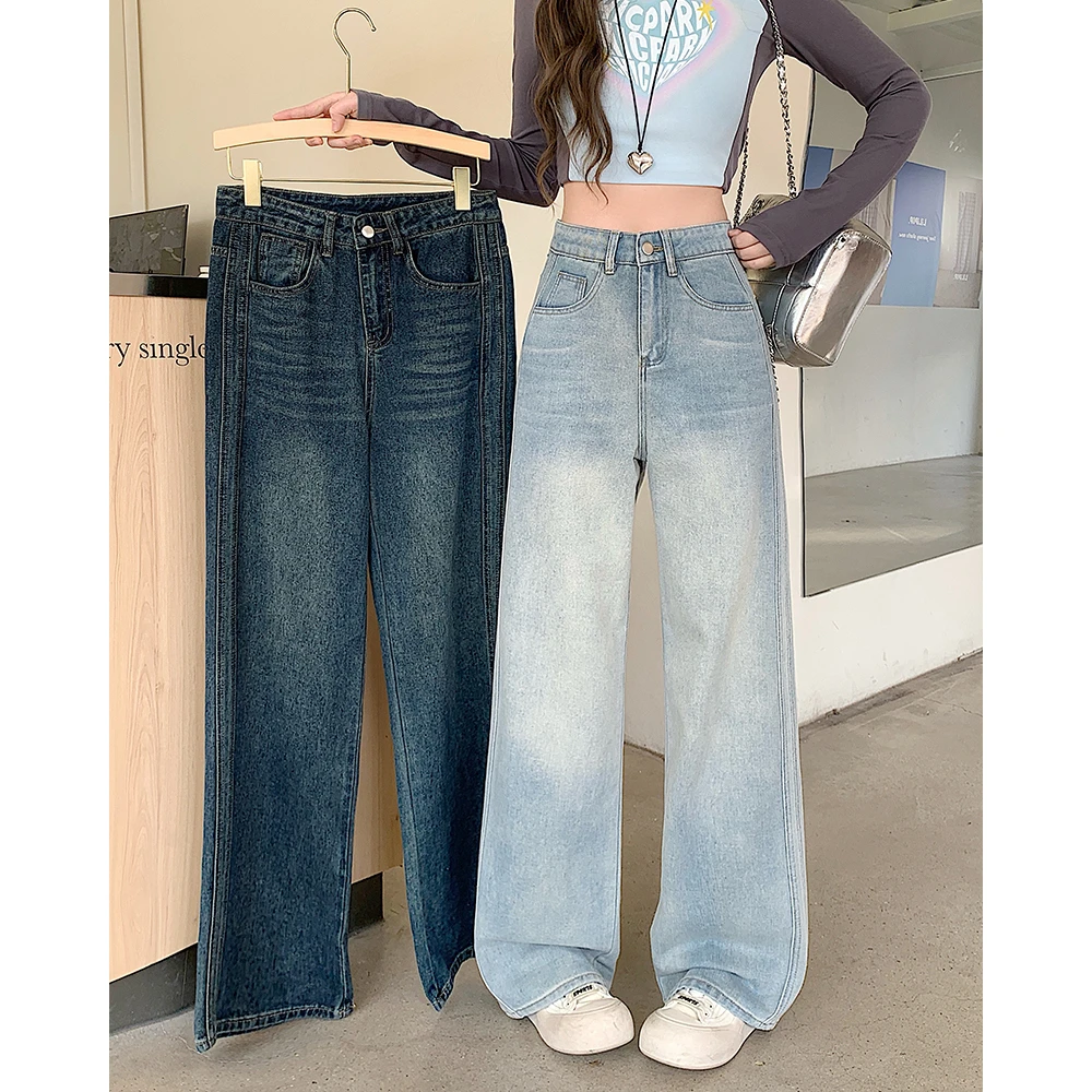 大码女2025秋季胖mm韩版复古宽松阔腿裤梨型身材显瘦牛仔裤65517