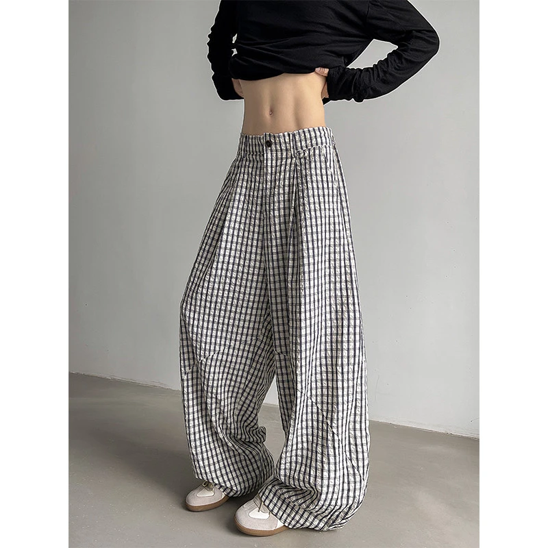美式复古格子阔腿裤男春秋季潮牌弯休闲裤子大码宽松直筒拖地裤