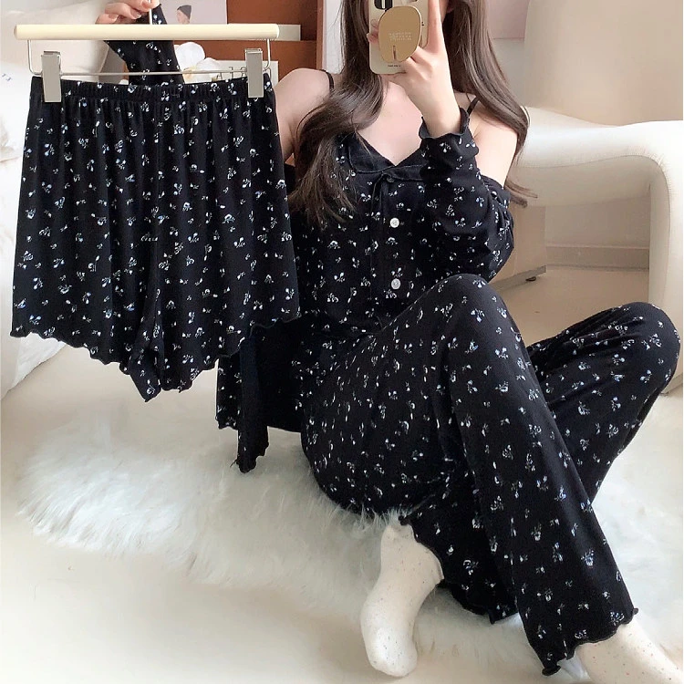 带胸垫春秋夏季新款莫代尔棉睡衣女简约碎花吊带长袖四件套家居服