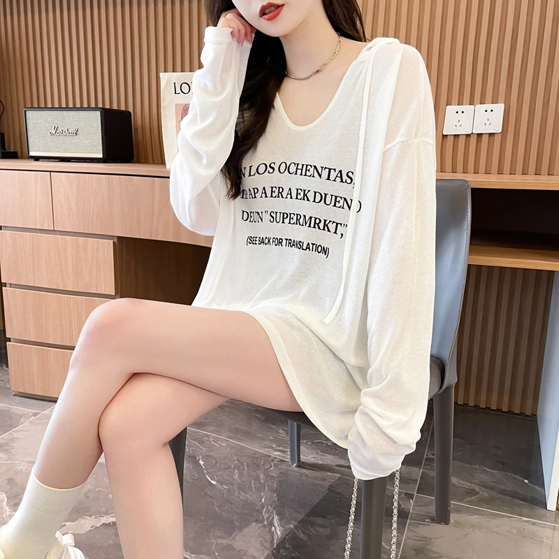 美式复古长袖防晒T恤女夏季新款韩版中长款薄款宽松空调罩衫上衣