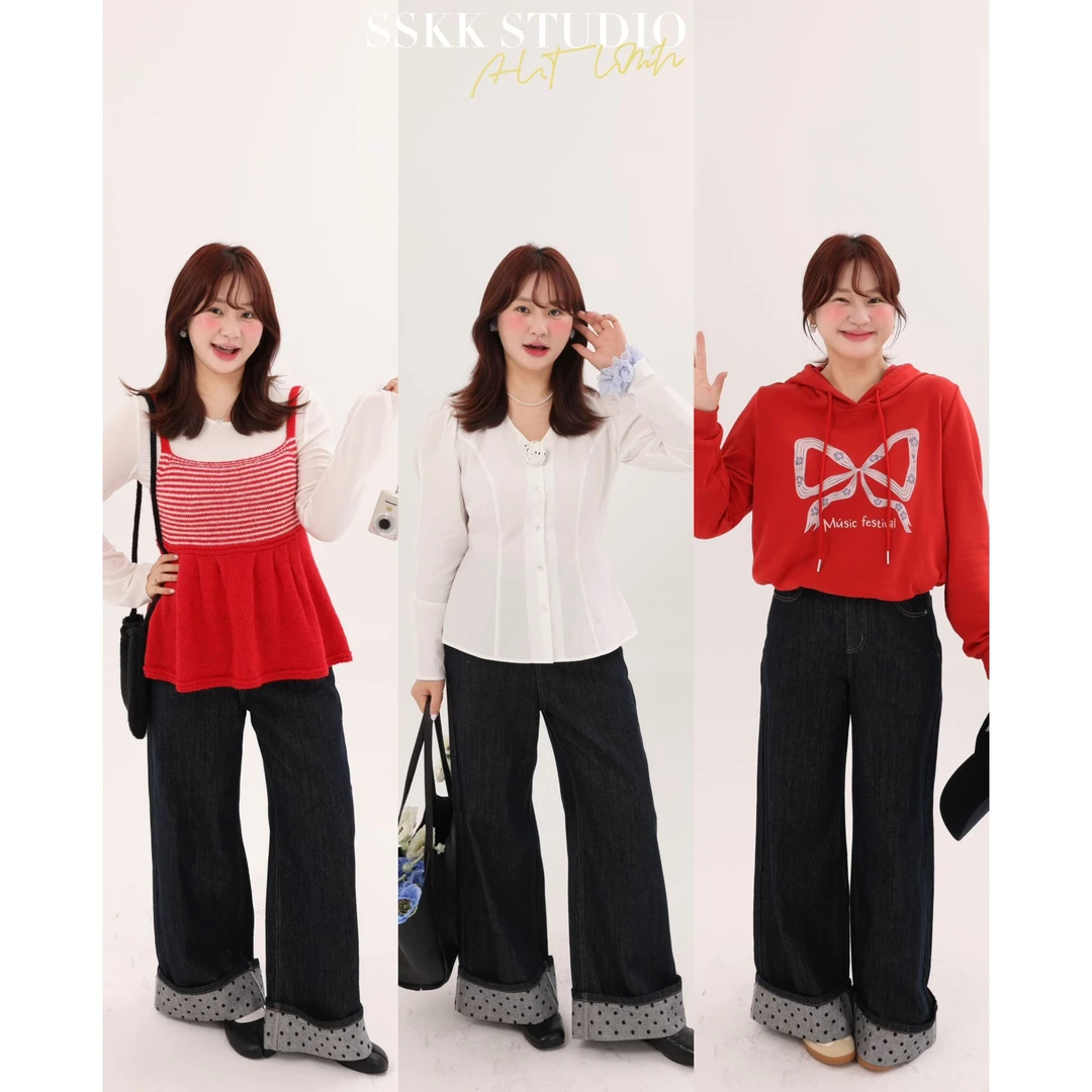 KMZY/KMZY山_山【时髦版型】微胖韩系复古百搭卷边设计波点牛仔裤女