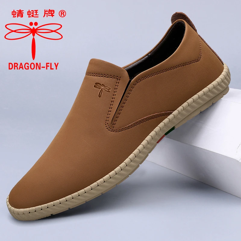 蜻蜓牌男鞋春季一脚蹬休闲皮鞋软底真皮透气百搭豆豆鞋中年爸爸鞋