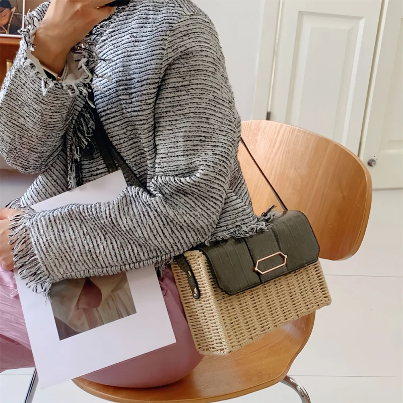 便宜到没朋友！草编工艺！鳄鱼纹拼接草编女士方盒翻盖包斜挎包
