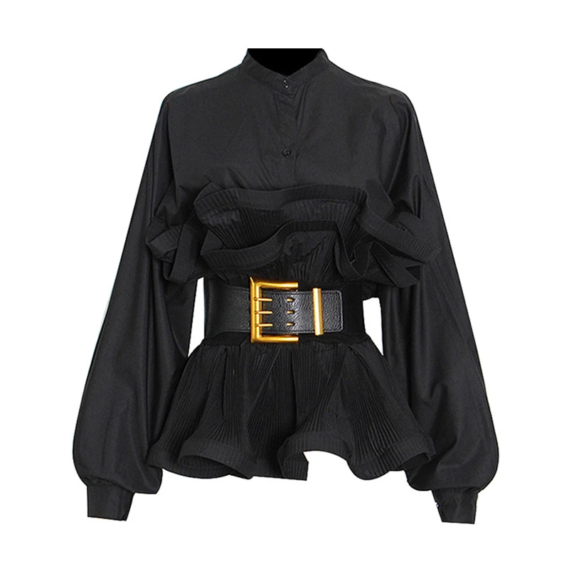 热销爆款衬衫女2025新款纯色荷叶边单排扣系腰带个性通勤百搭上衣