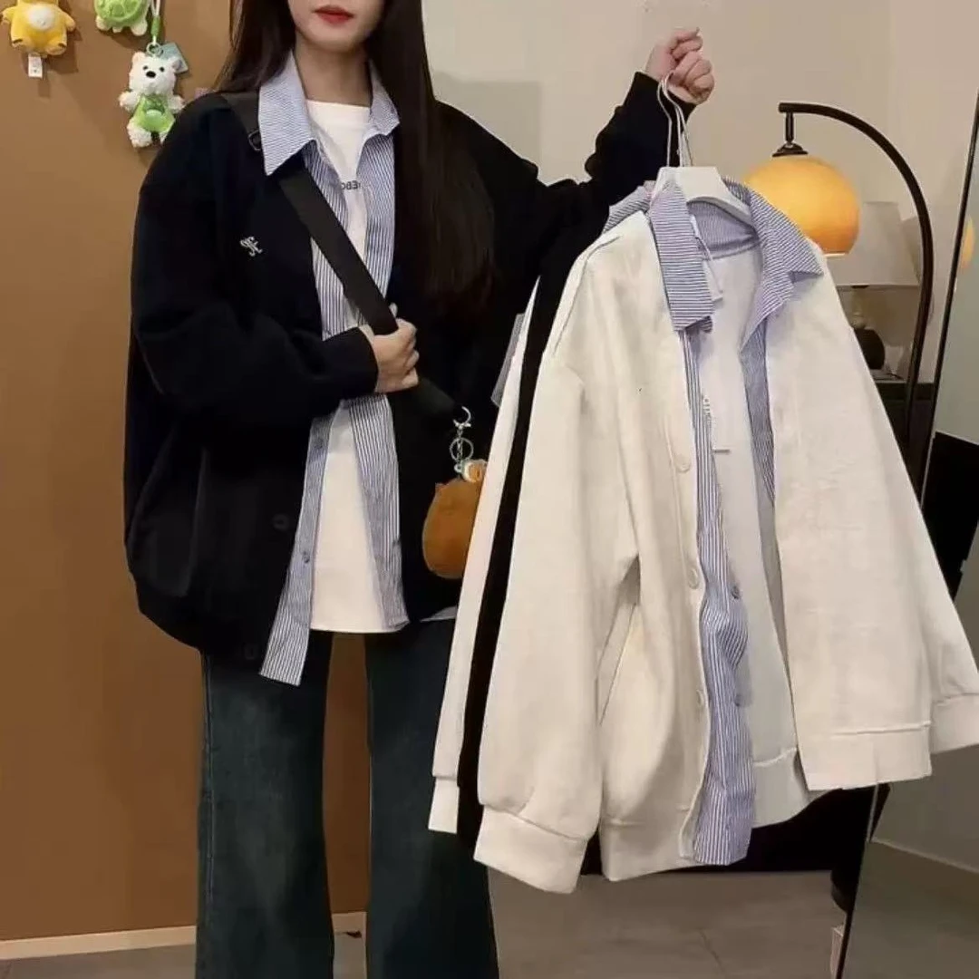 西西 韩系宽松遮肉假两件开衫卫衣