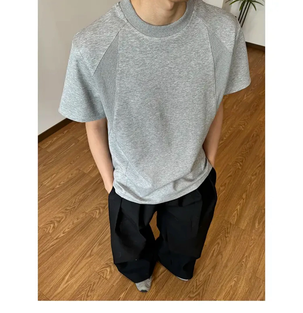 2025夏季新款空气棉正肩短袖男美式休闲复古小领口螺纹拼接T恤