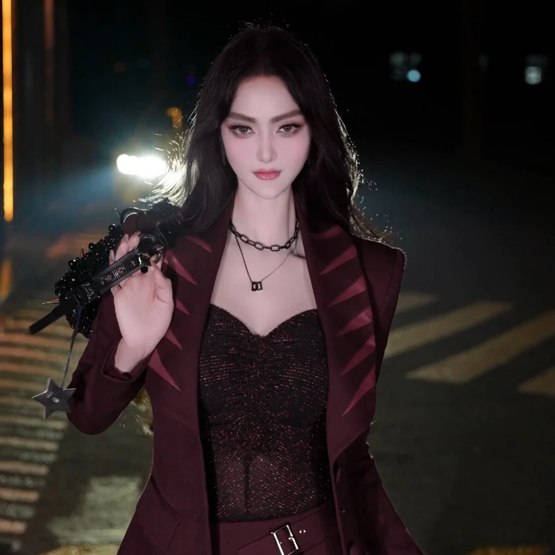 VJE深秋入冬酒红色拼接小西装长裤两件套新款通勤OL西服套装